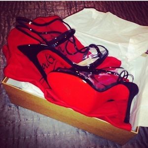 Christian Louboutin Black Stapped translucent Open Toed High Heels